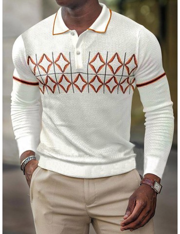 Men Geometric Patterns Long Sleeve Bodycon Hem Casual Polos Shirts