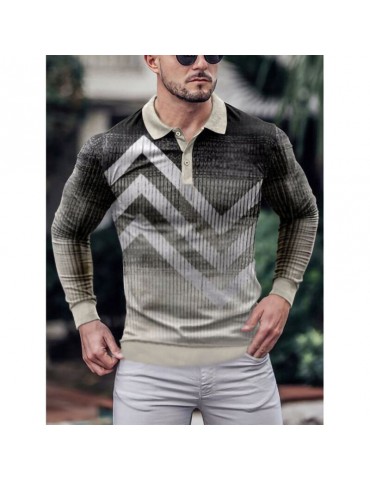 Men Geometric Print Ombre Long Sleeve Button Casual Polos Shirts