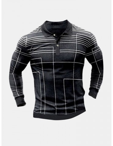 Men Line Print Long Sleeve Business Casual Polos Shirts