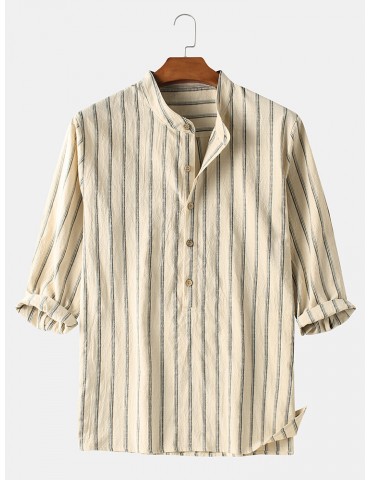 Mens 100% Cotton Striped Henley Collar Mid Sleeve Shirts