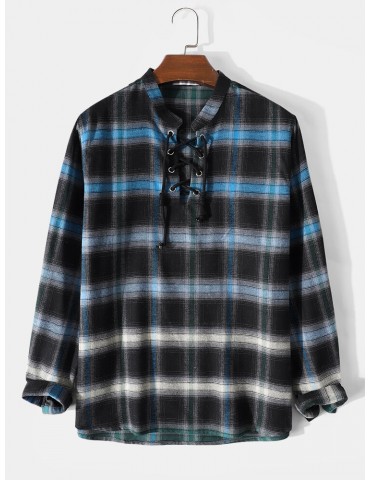 Mens Plaid Ombre Bandage Front Casual Long Sleeve Henley Shirts