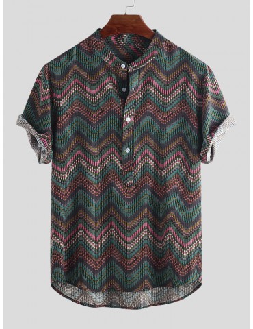 Mens Weave Striped Printed Chevron Stand Collar Short Sleeve Loose Henley Shirts