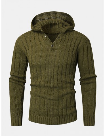 Mens Cable Solid Color Long Sleeve Warm Knitting Hooded Sweaters