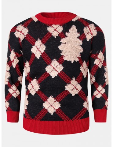 Mens Christmas Argyle Pattern Round Neck Rib-Knit Loose Sweaters