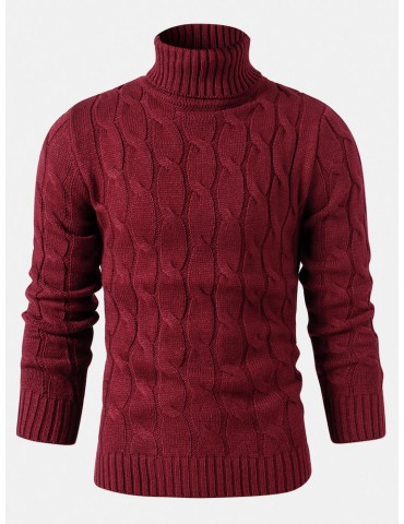 Mens Twisted Knitted High Neck Solid Color Casual Basic Sweater