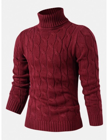 Mens Twisted Knitted High Neck Solid Color Casual Basic Sweater